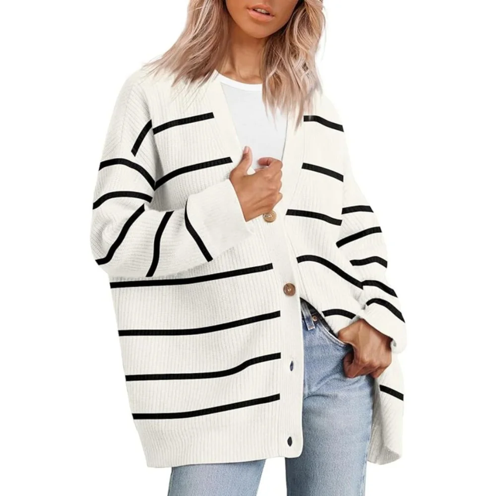 Women's Oversized LILLUSORY White & Black Striped Cardigan XS Cozy Coastal